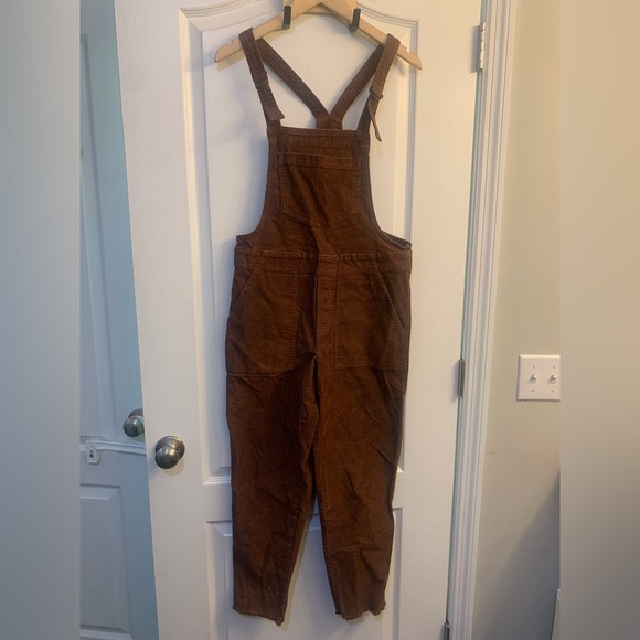 Aerie Werk and Play Brown Corduroy Raw Hem Straight Leg Bib Overalls Size XS - Picture 2 of 5